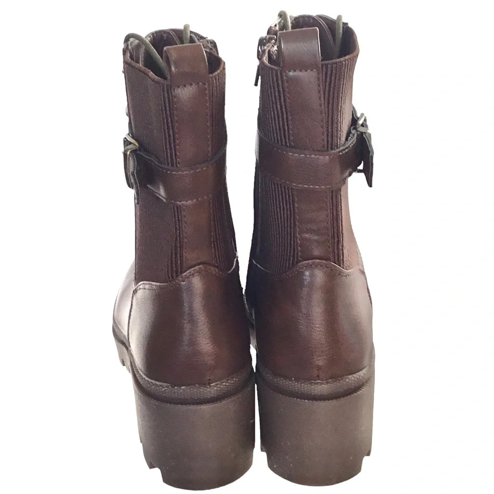 🆕TAHARI MELISSA Chunky Combat Ankle Boot Brown Vegan Leather Lace/Zip up Size-10 - Picture 8 of 16